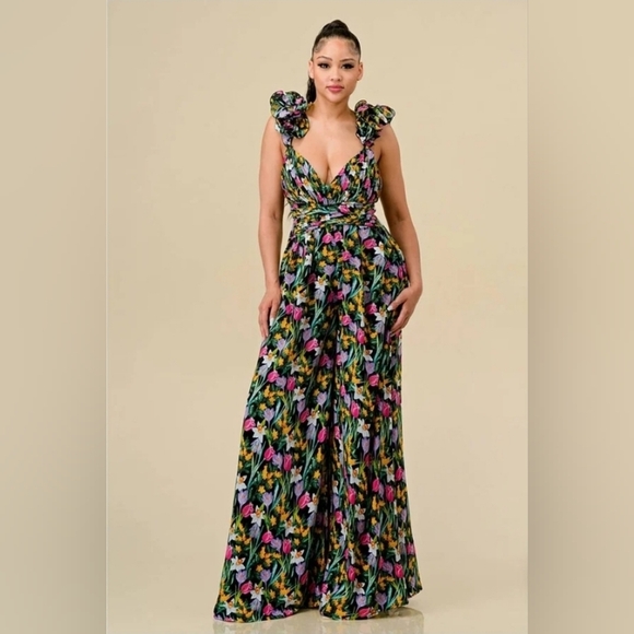 Boutique Floral Multicolor Maxi Jumpsuit Size S Boutique - Picture 1 of 2